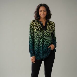 Susan Graver Artisan Leopard Print Ombre Tunic Green & Blue Size 10 Sequin Detai